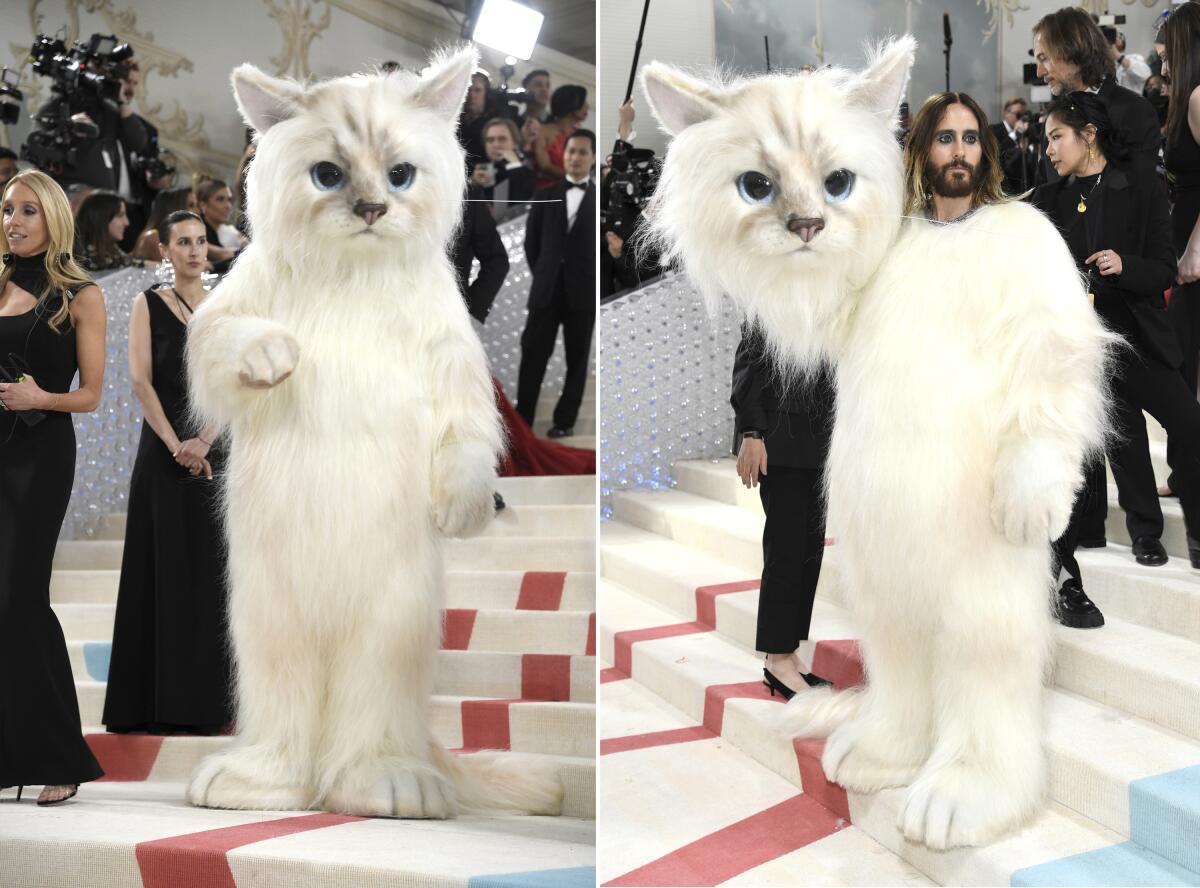 Esta combinación de fotografías muestran a Jared Leto vestido como la gata C