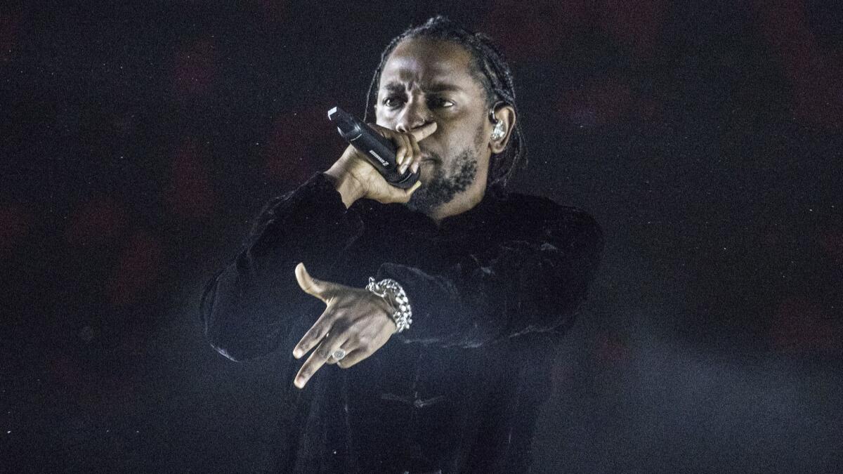 Kendrick Lamar onstage at the Coachella Valley Music and Arts Festival in 2017.