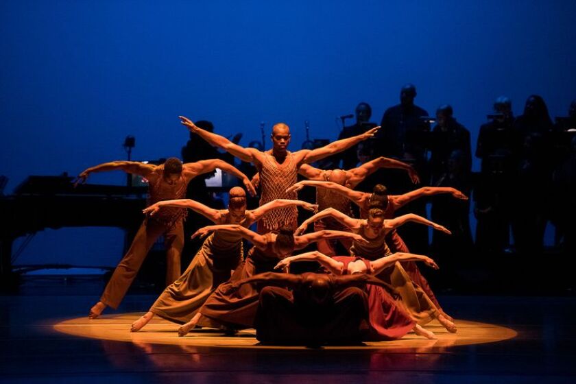 Members of the Alvin Ailey American Dance Theater are show performing "Revelations." 