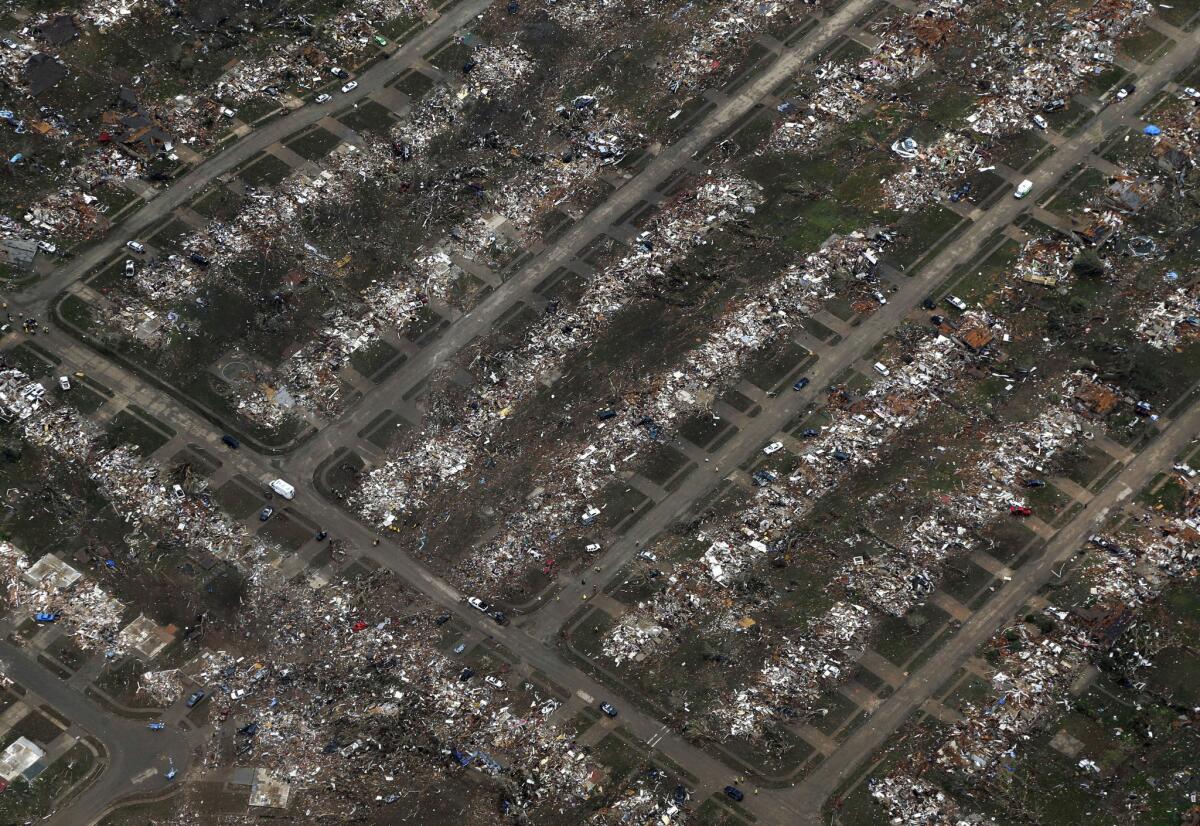 An aerial view of a Moore, Okla., neighborhood destroyed by Monday's tornado.