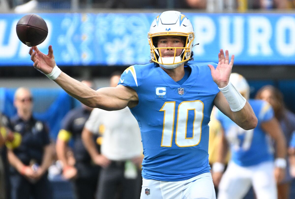 Chargers quarterback Justin Herbert throws a pass at the Jaguars in the second quarter.