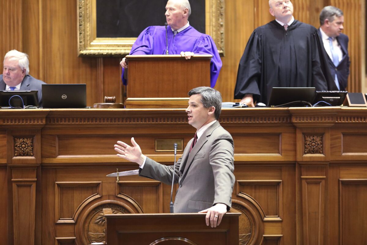 South Carolina Senate Majority Leader Shane Massey, R-Edgefield, speaks in favor of a bill that would limit the land holdings of foreign adversaries in the state on Wednesday, March 22, 2023, in Columbia, S.C. (AP Photo/Jeffrey Collins)