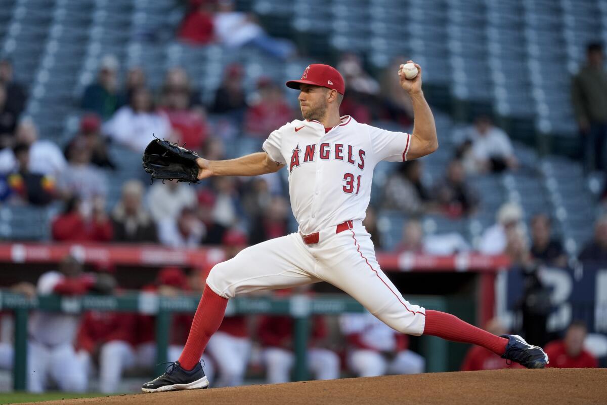 Angels starting pitcher Tyler Anderson delivers during the first inning against the Tampa Bay Rays on Monday.