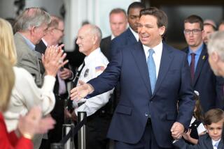 Simi Valley, California March 5, 2023-Florida Governor Ron DeSantis greets donors before speaking at the Ronald Reagan Library Sunday in Simi Valley. (Wally Skalij/(Los Angeles Times)