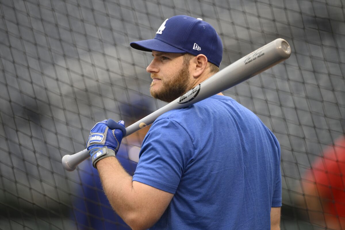 Max Muncy takes part in batting practice before a game against the Washington Nationals on May 23.