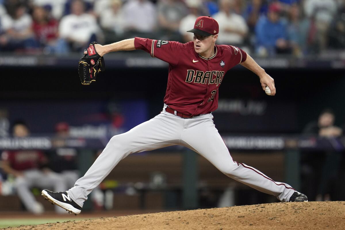 Arizona Diamondbacks relief pitcher Joe Mantiply delivers against the Texas Rangers in Game 1 of the World Series.