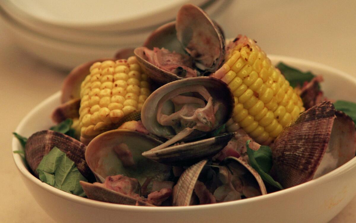 Steamed corn with clams and bacon
