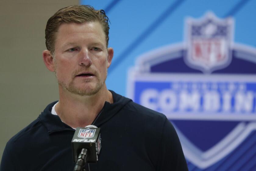 Los Angeles Rams general manager Les Snead speaks during a press conference at the NFL football scouting combine in Indianapolis, Thursday, March 1, 2018. (AP Photo/Michael Conroy)