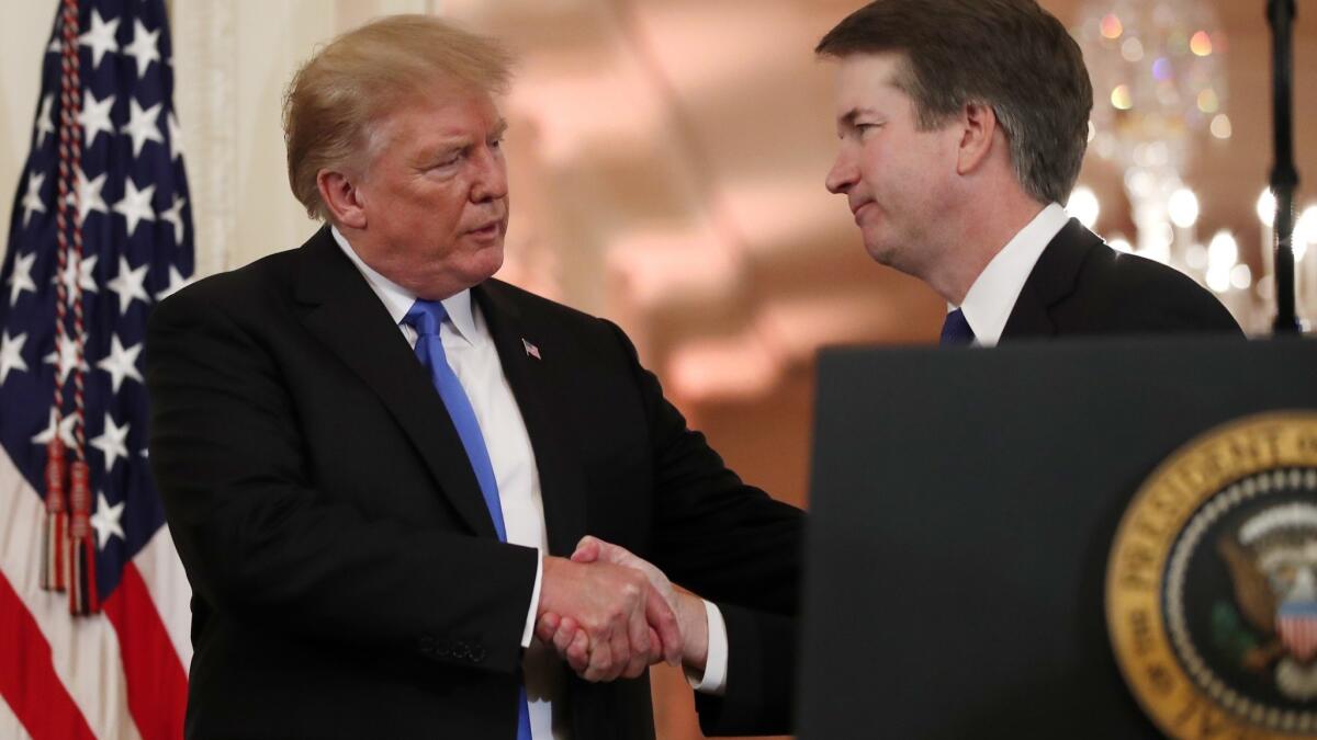 President Trump greets his Supreme Court nominee, Judge Brett M Kavanaugh, at the White House in July.