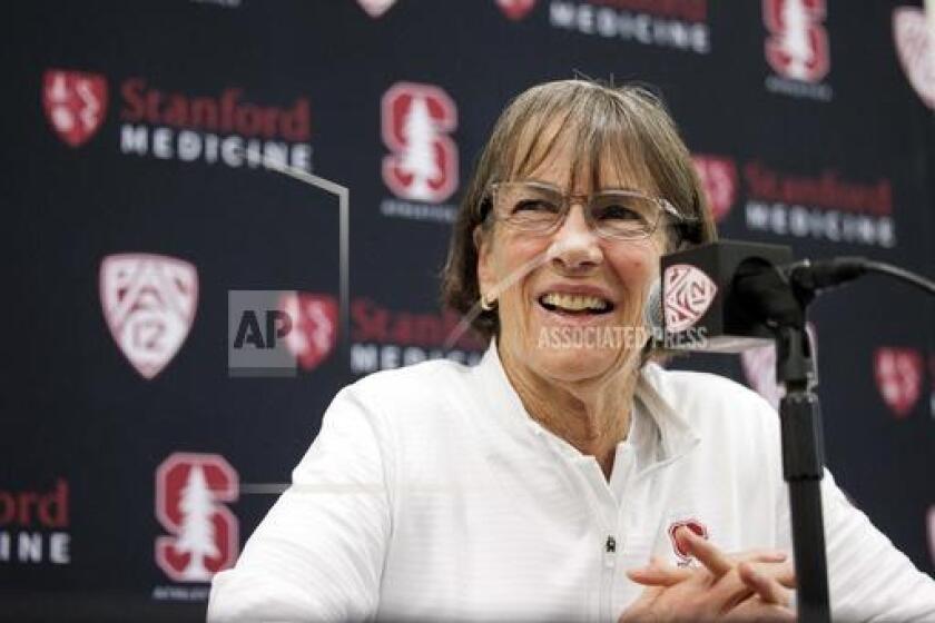 Stanford coach Tara VanDerveer speaks during a press conference in Stanford, Calif., Wednesday, April 10, 2024. VanDerveer, the winningest basketball coach in NCAA history, announced her retirement Tuesday night, April 9, 2024, after 38 seasons leading the Stanford women's team and 45 years overall.(Dai Sugano/Bay Area News Group via AP)