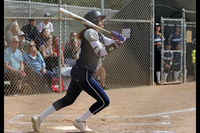 Newport Harbor High's Eliana Gottlieb hits a two-run homer against Ocean View during the first inning in the first round of the CIF Southern Section Division 5 playoffs at home on Thursday.