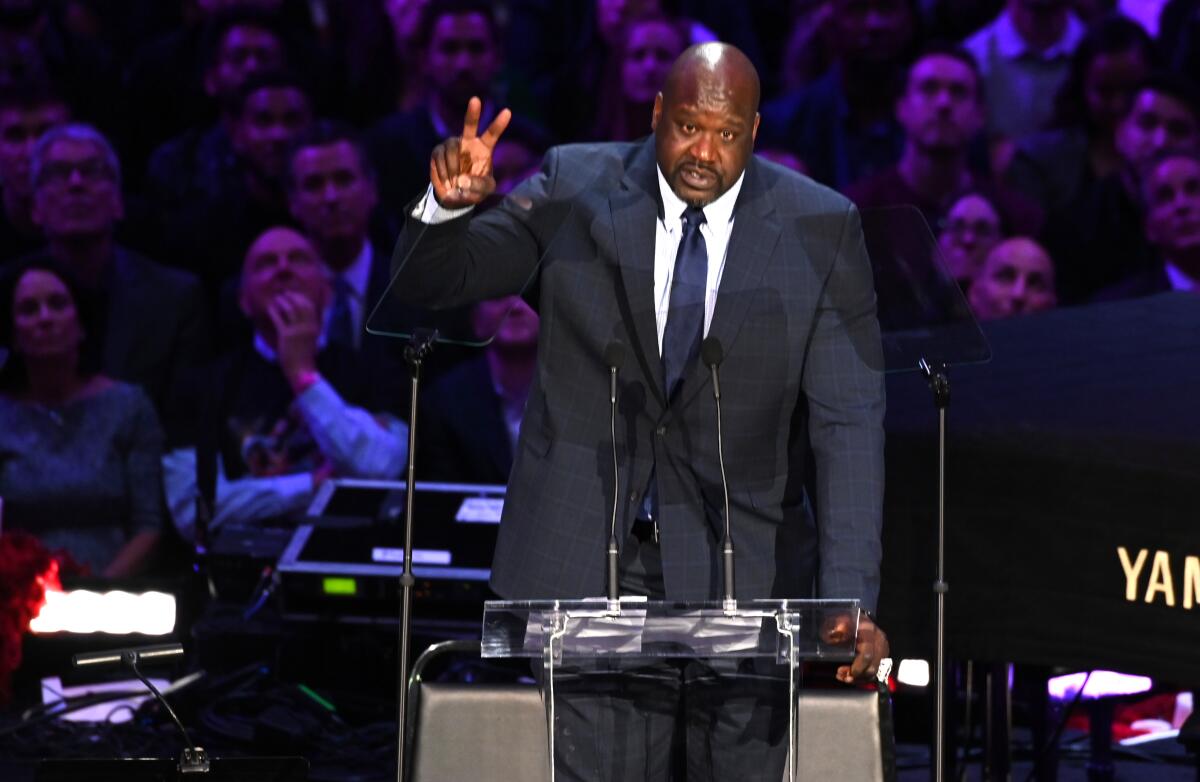 Shaquille O'Neal speaks at the Kobe & Gianna Bryant Celebration of Life on Monday at Staples Center.