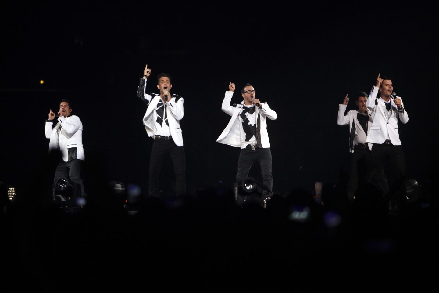 The New Kids on the Block on the stage at Staples Center as part of their 2013 tour.