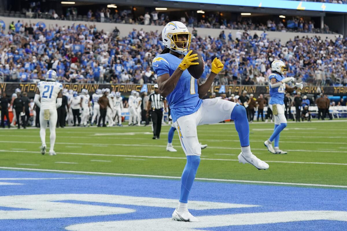 Chargers receiver Quentin Johnston wants more memories like this, when he caught a touchdown pass last season.
