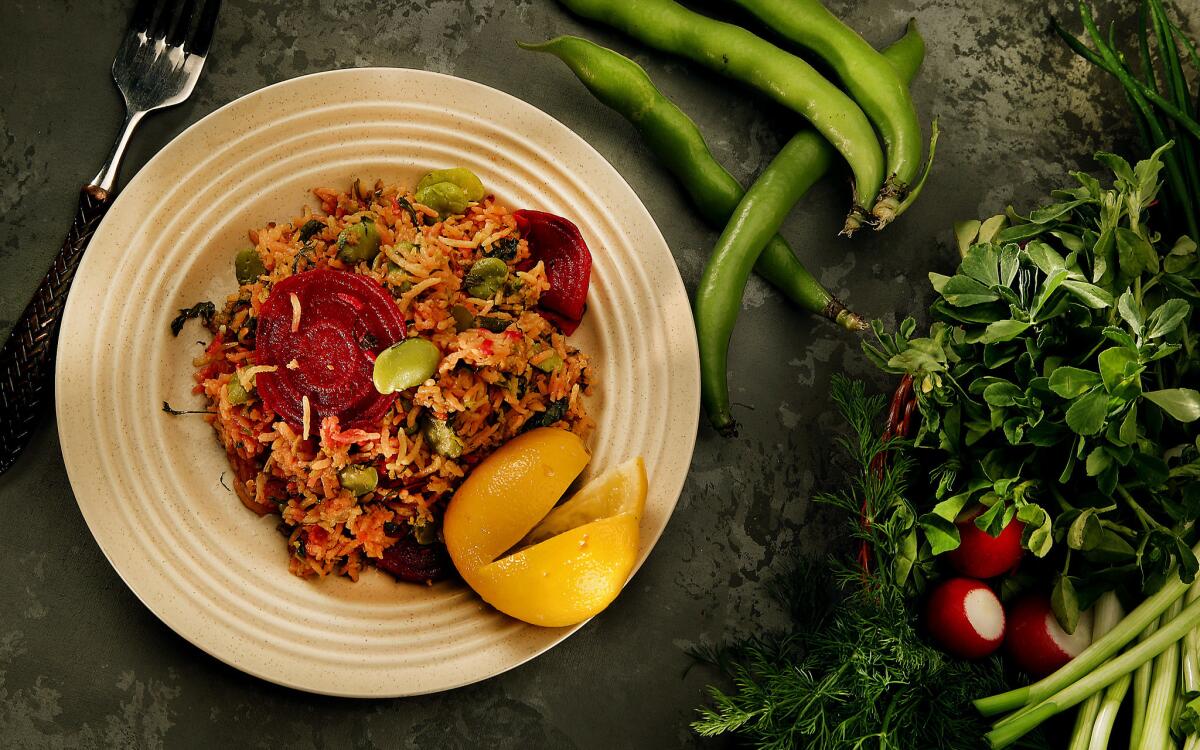 Gondi kashi, rice with turkey, beets, fava beans and herbs