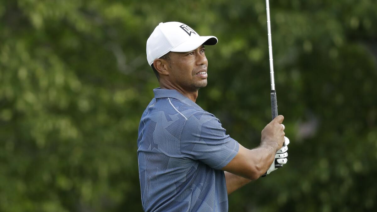 Tiger Woods hits from the 14th tee in the second round of the Memorial on July 17, 2020, in Dublin, Ohio.