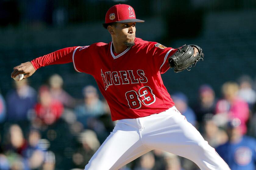 TEMPE, AZ - MARCH 06: Keynan Middleton #83 of the Los Angeles Angels of Anaheim pitches against the Chicago Cubs during a spring training game at Tempe Diablo Stadium on March 06, 2017 in Tempe, Arizona. (Photo by Tim Warner/Getty Images)"n"n ** OUTS - ELSENT, FPG, CM - OUTS * NM, PH, VA if sourced by CT, LA or MoD **