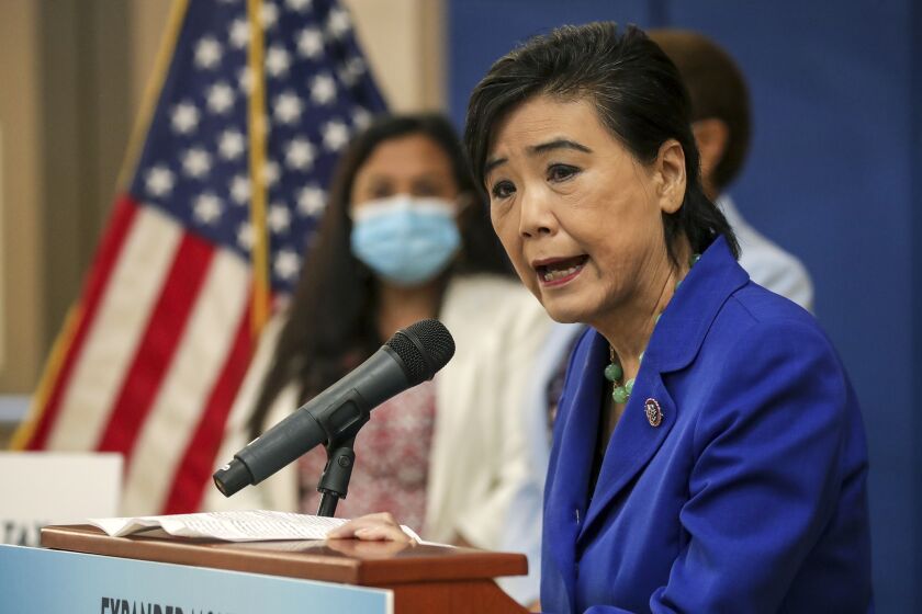 Los Angeles, CA - July 15: Congresswoman Judy Chu talks about the expanded Child Tax Credit at a press conference held at Barrio Action Youth and Family Center on Thursday, July 15, 2021 in Los Angeles, CA. (Irfan Khan / Los Angeles Times)