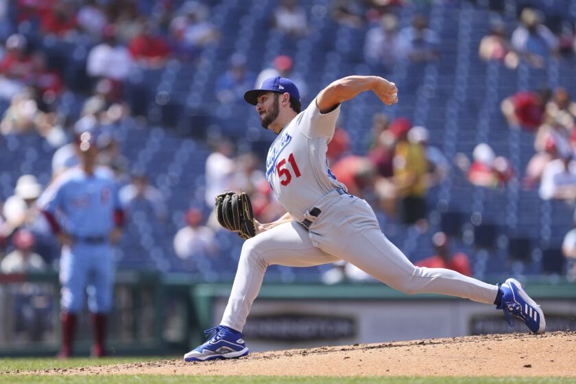 Alex Vesia pitches for the Dodgers during the fifth inning of a game against the Phillies on Aug. 12 in Philadelphia.