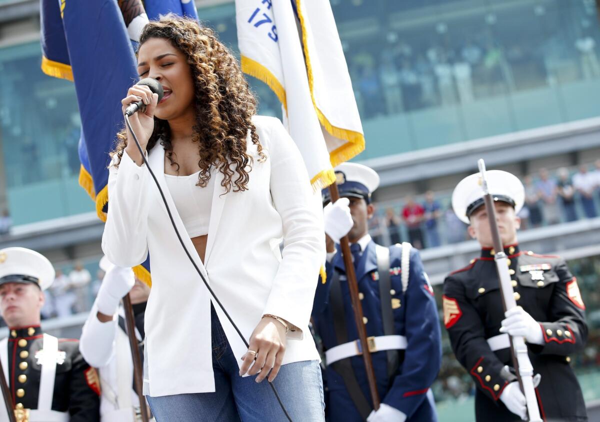 Jordin Sparks sings the national anthem before the Indianapolis 500 auto race in May at the Indianapolis Motor Speedway. She will perform at a free concert leading up to the BET Experience.