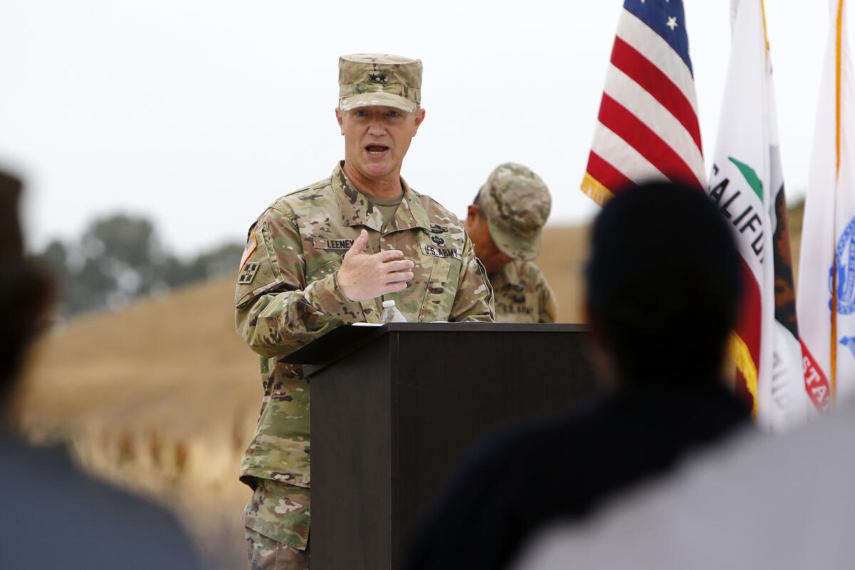 Maj. Gen. Michael Leeney, commanding general, speaks at the Joint Forces Training Base.
