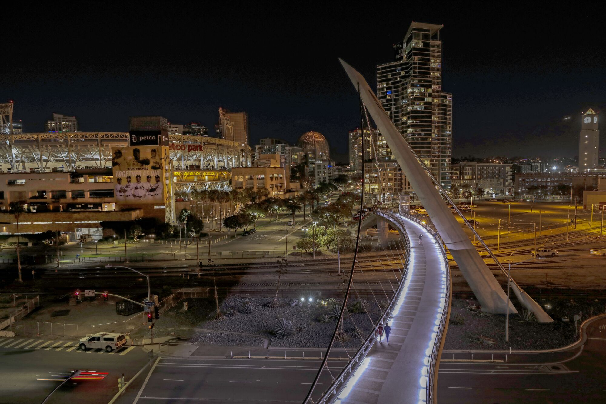The Harbor Drive pedestrian bridge links the Convention Center to the East Village, Petco Park and the Gaslamp Quarter. 