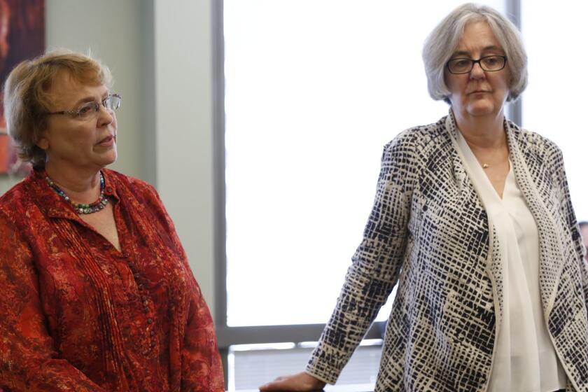 San Diego, California, USA July 14th, 2017 | Vicki Lundblad on the right and Katherine Jones on the left, two longtime full professors at the Salk Institute for Biological Studies in La Jolla. They have sued the institute, alleging widespread and long-term gender discrimination. | Alejandro Tamayo © The San Diego Union Tribune 2017