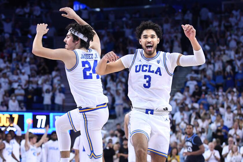 Los Angeles, California November 12, 2021: UCLA's Jaime Jaquez Jr. (24) celebrates.