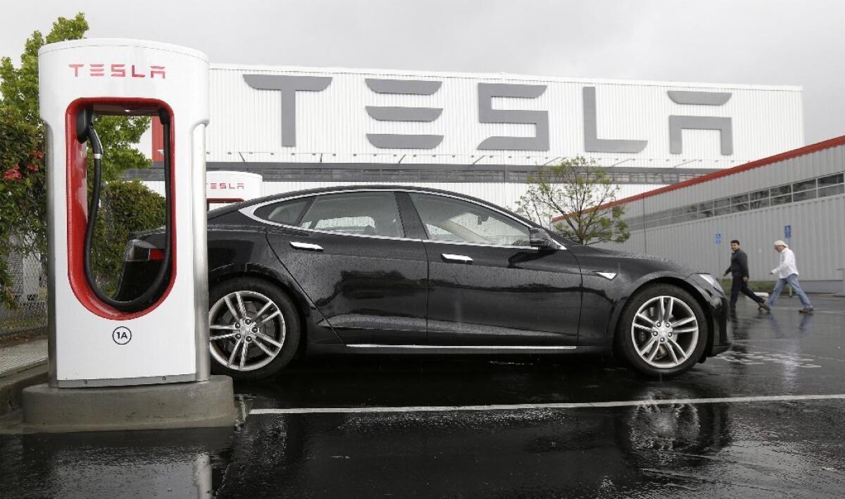 A Tesla car parked outside the company's Fremont, Calif., plant.