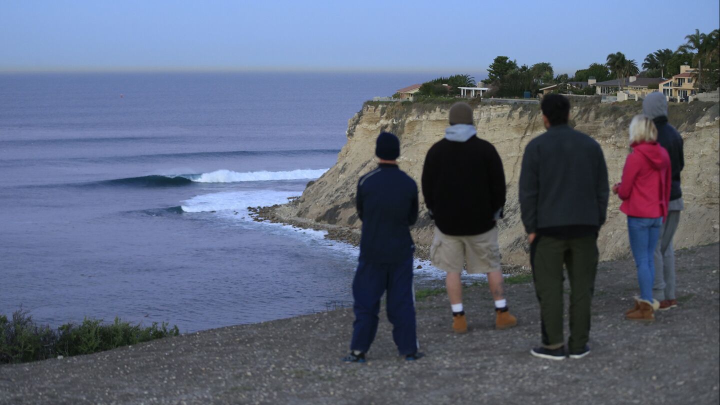 A group of outsiders checks the conditions early in the morning before surfing at Lunada Bay in Palos Verdes Estates.
