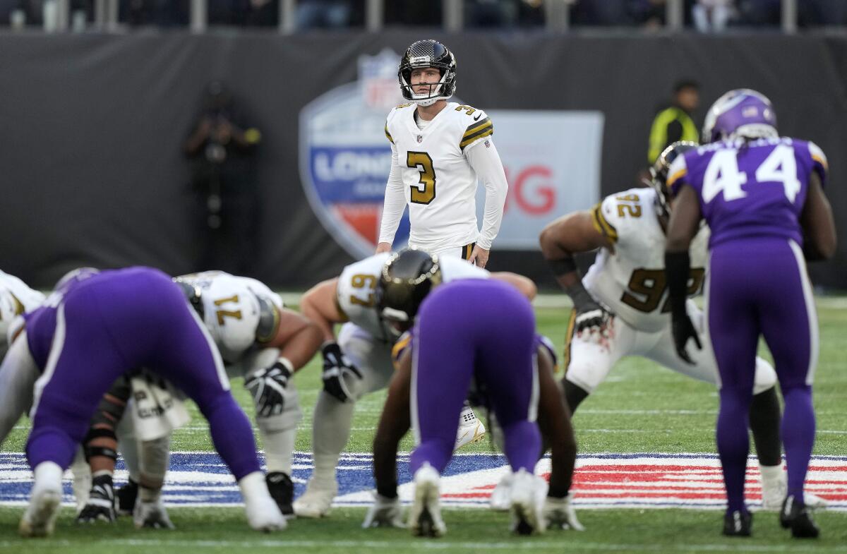New Orleans Saints place kicker Wil Lutz (3) prepares to take a field goal near the end of an NFL match between Minnesota Vikings and New Orleans Saints at the Tottenham Hotspur stadium in London, Sunday, Oct. 2, 2022. (AP Photo/Frank Augstein)