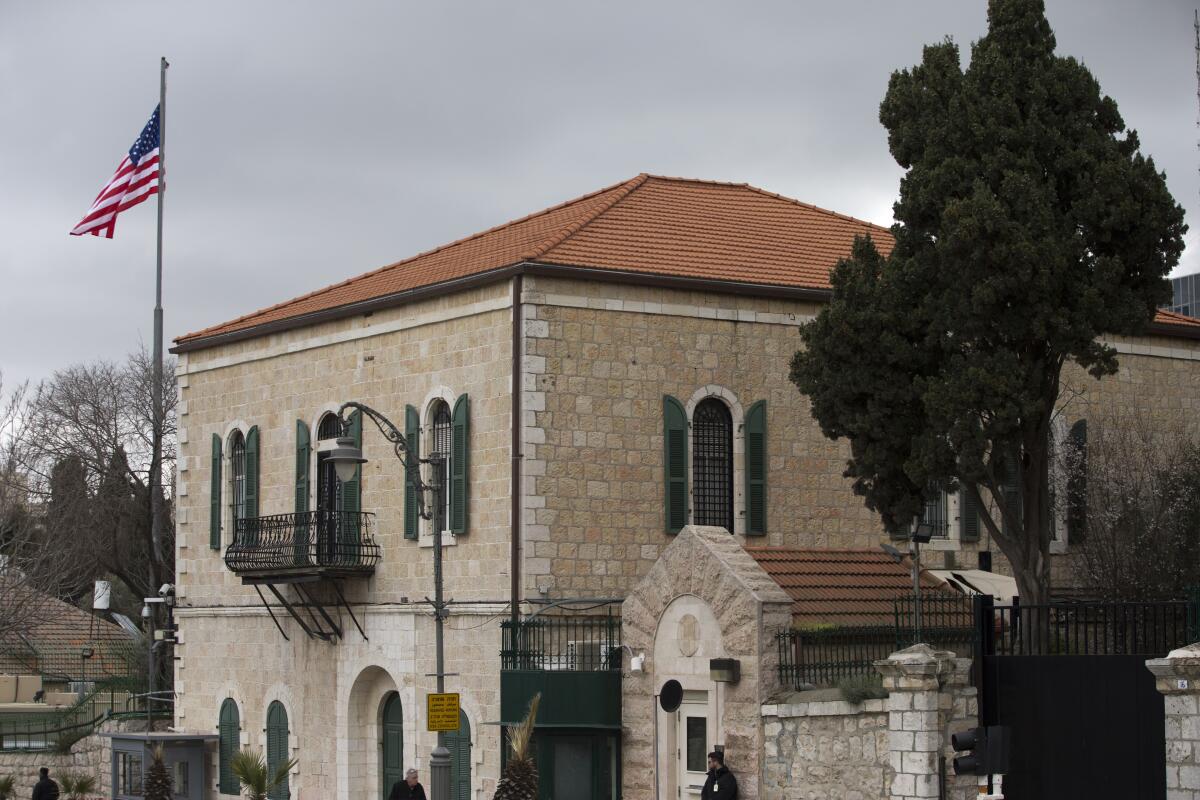 A flag of the United States flies outside the then-U.S. consulate building in Jerusalem