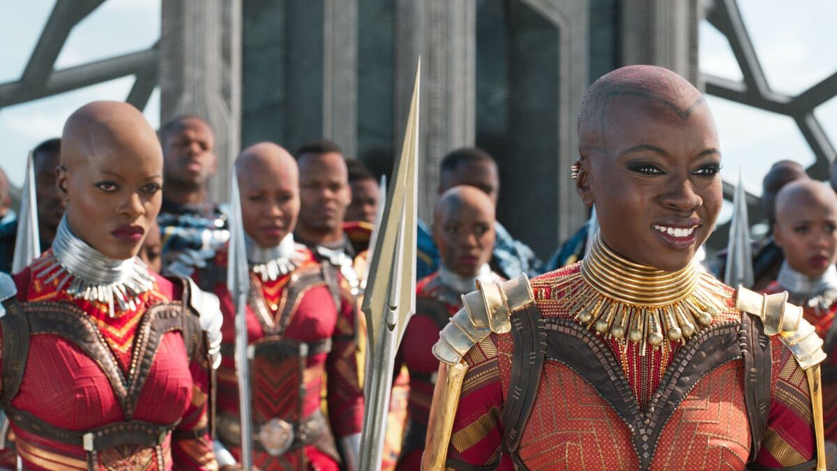 From left to right, Florence Kasumba and Danai Gurira in a scene from Marvel Studios' "Black Panther."