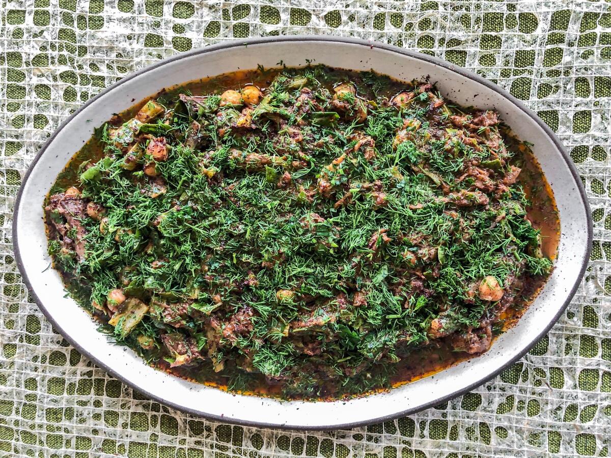 Sumaqqiyeh, a Gazan beef stew from the cookbook "Falastin" by Sami Tamimi and Tara Wigley.