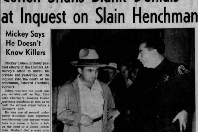 An Aug. 4, 1949, newspaper clipping from the L.A. Times shows gangster Mickey Cohen.