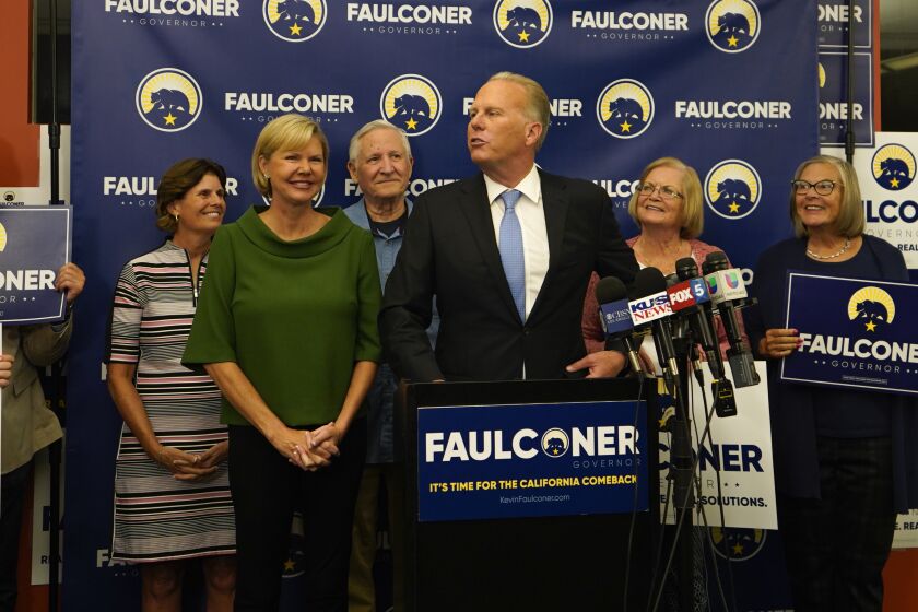 San Diego, California - September 14: Kevin Faulconer gives a speech at his campaign headquarters in Liberty Station in Point Loma on Tuesday, Sept. 14, 2021 in San Diego, California. (Alejandro Tamayo / The San Diego Union-Tribune)