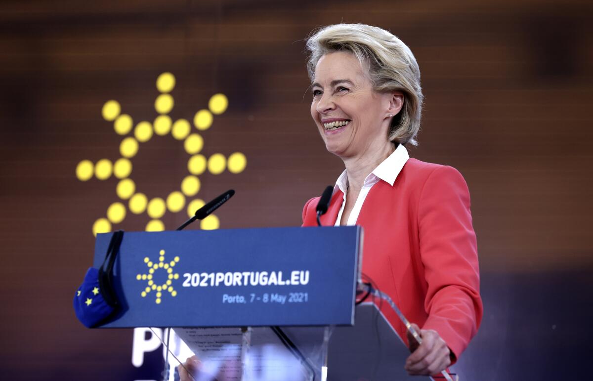 European Commission President Ursula von der Leyen speaks during a media conference at an EU summit in Porto, Portugal, Saturday, May 8, 2021. On Saturday, EU leaders held an online summit with India's Prime Minister Narendra Modi, covering trade, climate change and help with India's COVID-19 surge. (AP Photo/Luis Vieira)