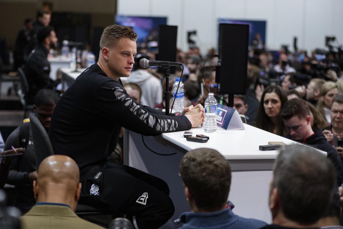 LSU quarterback Joe Burrow speaks to reporters at the NFL scouting combine Feb. 25 in Indianapolis.