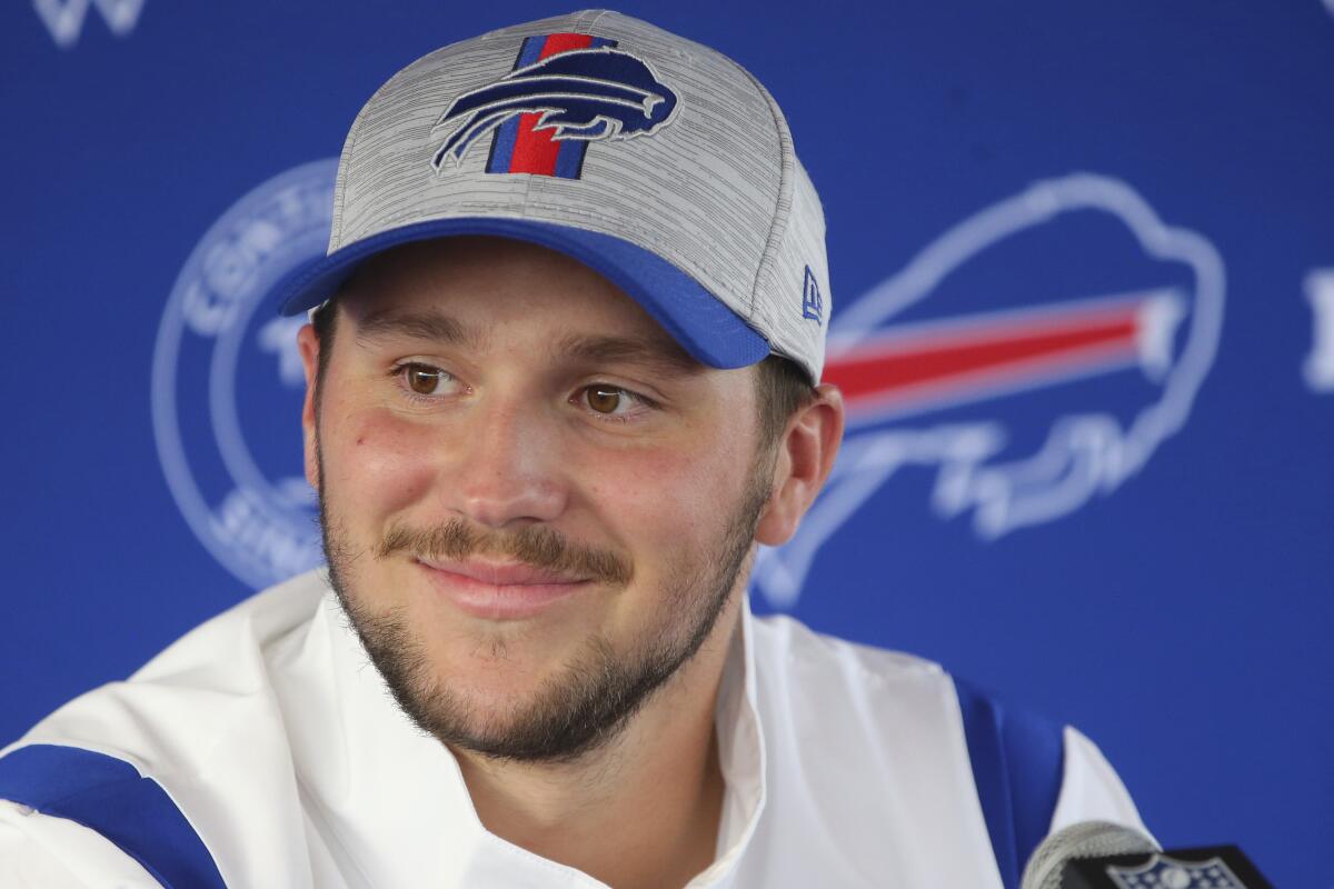 Buffalo Bills quarterback Josh Allen addresses the media Aug. 6, 2021, In Orchard Park N.Y. 