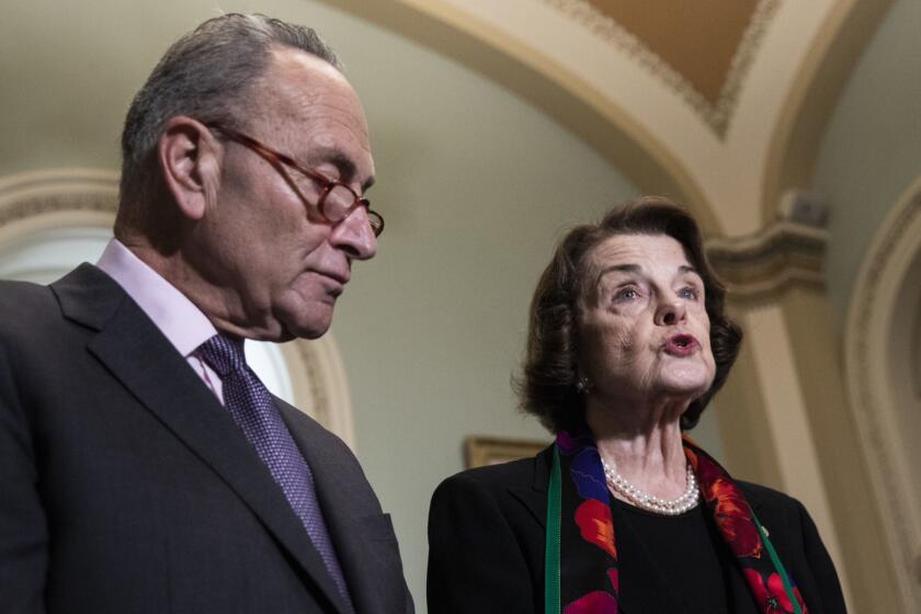 WASHINGTON, DC - OCTOBER 4: (L-R) Senate Minority Leader Chuck Schumer (D-NY) and Senate Judiciary Committee ranking member Dianne Feinstein (D-CA) hold a press conference to discuss the FBI report on Supreme Court nominee Brett Kavanaugh on Capitol Hill, October 4, 2018 in Washington, DC. Kavanaugh's confirmation process was halted for less than a week so that FBI investigators could look into allegations by Dr. Christine Blasey Ford, a California professor who has accused Kavanaugh of sexually assaulting her during a party in 1982 when they were high school students in suburban Maryland. (Photo by Drew Angerer/Getty Images) ** OUTS - ELSENT, FPG, CM - OUTS * NM, PH, VA if sourced by CT, LA or MoD **