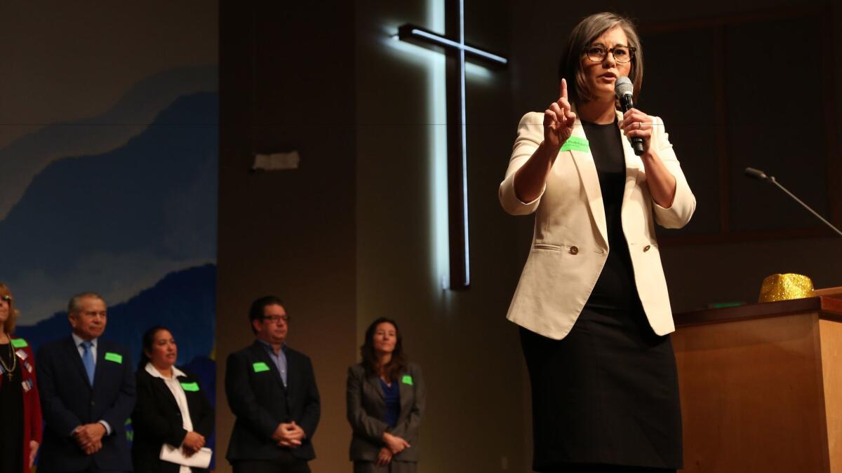 Monica Rodriguez speaks at a candidate forum at All Nations Church.