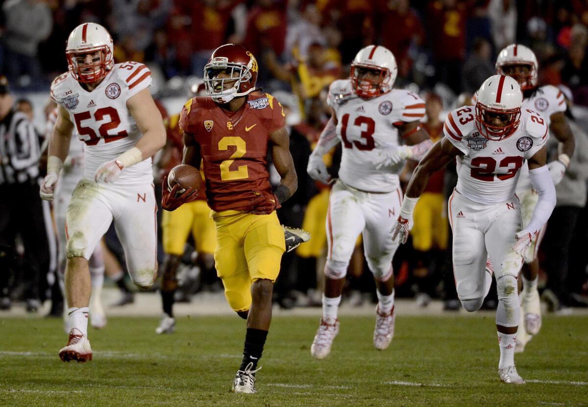 USC cornerback Adoree' Jackson returns a kickoff for a touchdown against Nebraska at the Holiday Bowl.