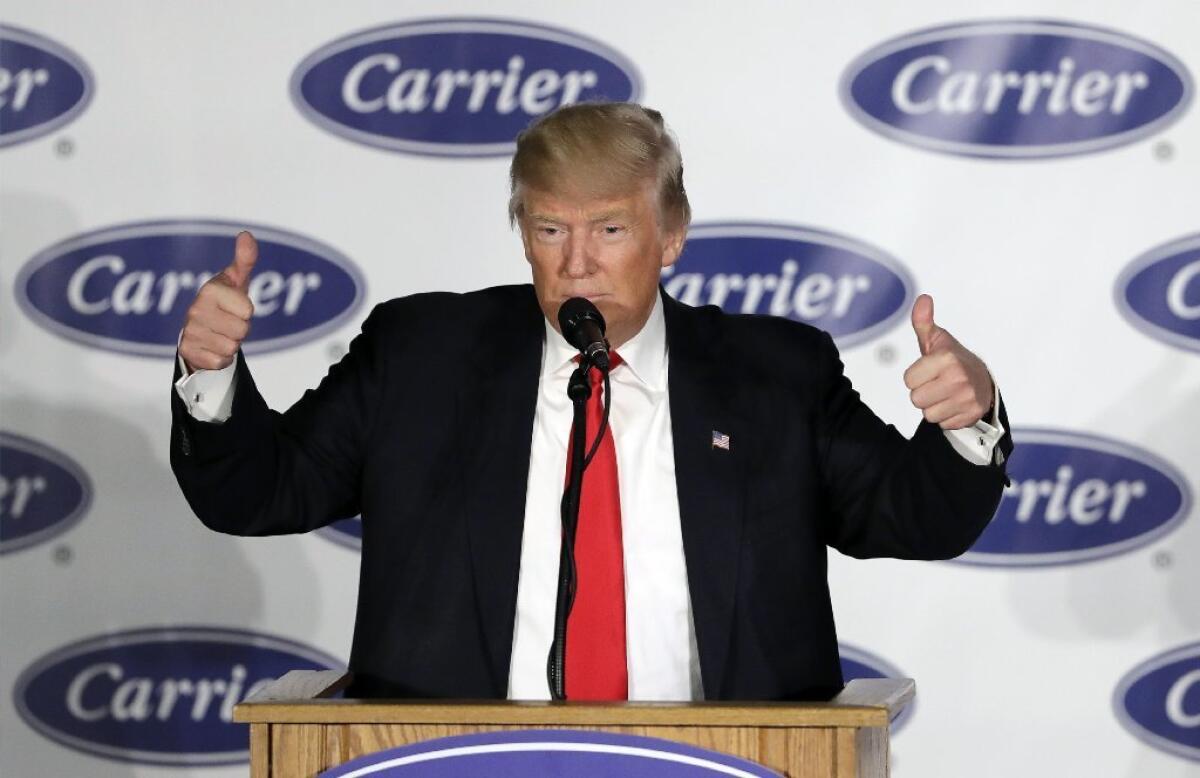 President-elect Donald Trump announcing a job-saving deal with Carrier Corp. on Dec. 1 in Indianapolis.