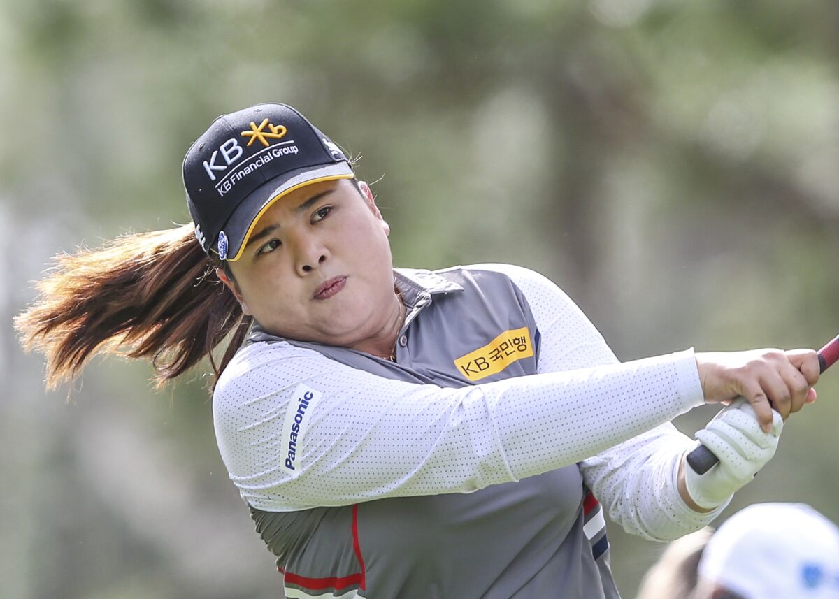 Inbee Park, of Korea, drives from the 2nd tee during during the final round of the Tournament of Champions LPGA golf tournament Sunday, Jan. 19, 2020, in Lake Buena Vista, Fla. (AP Photo/Gary McCullough)