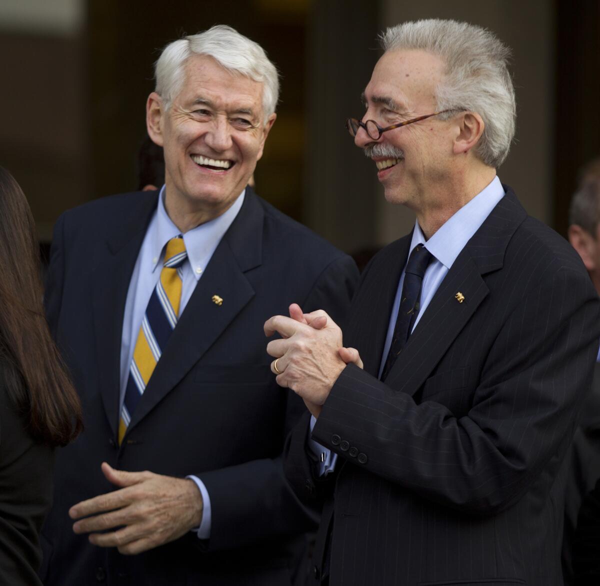 Nicholas Dirks, right, with Robert Birgenau, his predecessor as Berkeley chancellor, after his appointment in 2012.