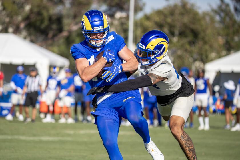 Irvine, CA - July 27: Rams wide receiver Cooper Kupp hauls in a pass during Rams training camp at UCI in Irvine Thursday, July 27, 2023. (Allen J. Schaben / Los Angeles Times)