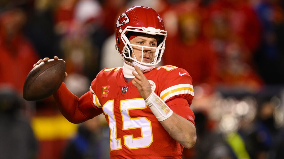 Chiefs quarterback Patrick Mahomes looks to pass against the Bengals in the AFC championship game Jan. 29, 2023.