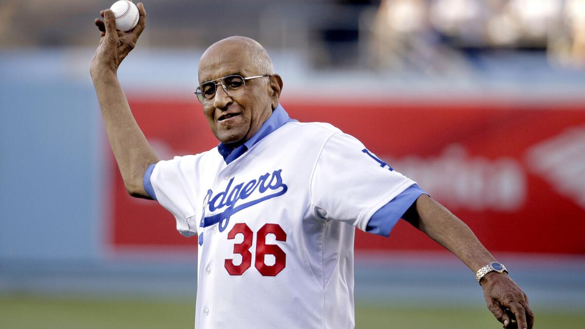 Don Newcombe throws the ceremonial first pitch before a Dodgers game on July 1, 2014.
