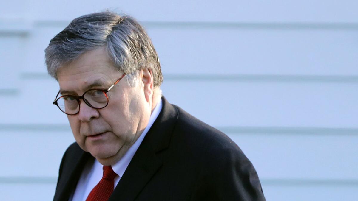 Atty. Gen. William Barr leaves his home in McLean, Va., on March 25, 2019.