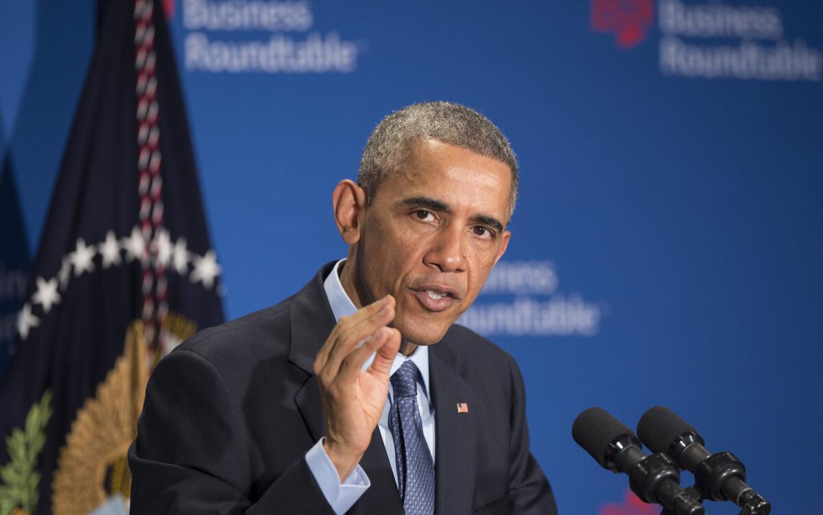 President Obama addresses a group of corporate executives at a meeting Wednesday of the Business Roundtable in Washington.